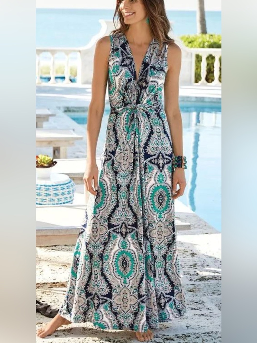 Soft Surroundings Teal, Navy & White Sleeveless Maxi Dress